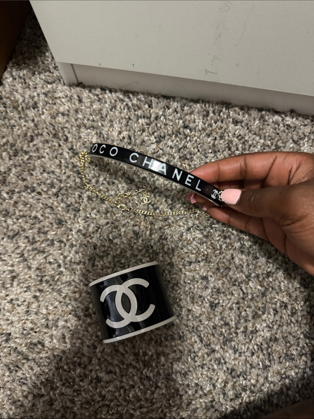 CHANEL Black and White Logo Bangle with Gold Chain Bracelet